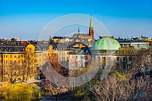 Aerial view of rooftops in Stockholm with Saint Clara church, Sweden