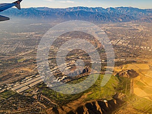 Aerial view of Rose Hills Mortuary from window seat in an airplane