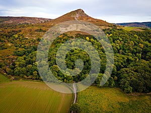 Aerial view of Roseberry Topping a distinctive hill in North Yorkshire, England. It is situated near Great Ayton and Newton under