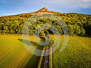 Aerial view of Roseberry Topping a distinctive hill in North Yorkshire, England. It is situated near Great Ayton and Newton under