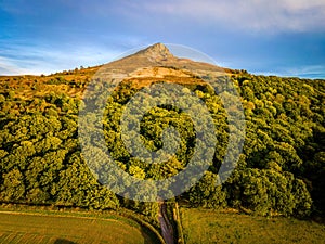 Aerial view of Roseberry Topping a distinctive hill in North Yorkshire, England. It is situated near Great Ayton and Newton under