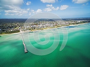 Aerial view of Rosebud pier and coastline, Melbourne, Australia