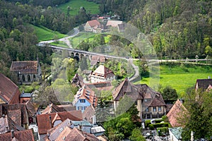 Aerial view of Rothenburg ob der Tauber in Germany with the Double Bridge