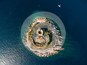 Aerial view of round fortress Mamula on the island. Montenegro