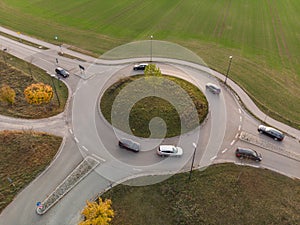 Aerial view of roundabout traffic with cars