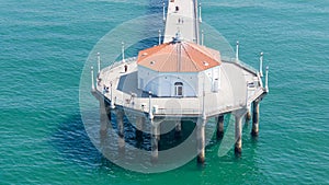 aerial view of Roundhouse Aquarium located at the dead end of Manhattan Beach Pier