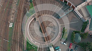 Aerial view of roundhouse and railway turntable at the locomotive depot,
