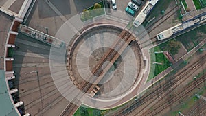 Aerial view of roundhouse and railway turntable at the locomotive depot,