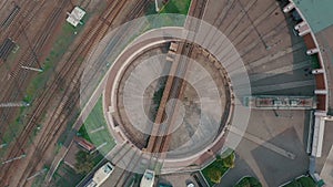 Aerial view of roundhouse and railway turntable at the locomotive depot,