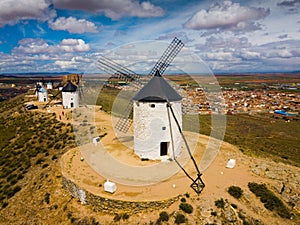 Aerial view of Route of Don Quixote with windmills in Consuegra