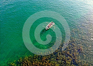 The aerial view of the the row boat and green algae near St Lawrence River of Wellesley Island, New York, U.S.A