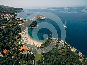 Aerial view of the royal beach and the island of Sveti Stefan. Villa Milocer, Montenegro