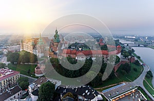 Aerial view Royal Wawel Castle and Gothic Cathedral in Cracow, Poland, with Renaissance Sigismund Chapel with golden