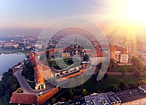 Aerial view Royal Wawel Castle and Gothic Cathedral in Cracow, Poland, with Renaissance Sigismund Chapel with golden