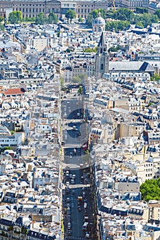 Aerial view of Rue de Rennes and Saint-Germain-des-Pres Abbey in Paris, France