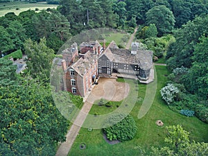 Aerial view of Rufford Old Hall manor house and stately home in the English countryside