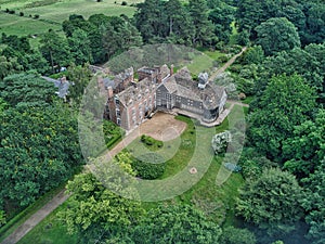 Aerial view of Rufford Old Hall stately home in the Lancashire countryside