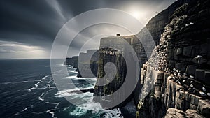 Dramatic Cliffs of Moher landscape with stormy sky and sun rays breaking through clouds