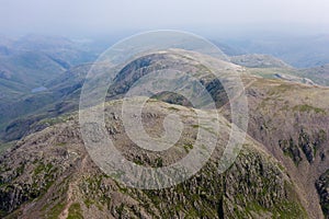 Aerial view of rugged, mountainous scenery