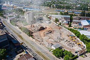 Aerial view of ruined old building after demolishing in Kharkiv