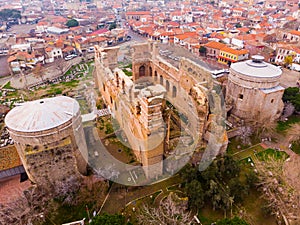 Aerial view of ruined temple of Pergamon Red Basilica, Bergama, Turkey