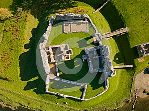 Aerial view of the ruins of the 12th century Ogmore Castle, Wales