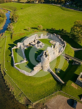 Aerial view of the ruins of the 12th century Ogmore Castle, Wales