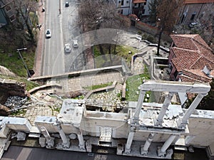 Aerial view of the ruins of ancient theatre of Philippopolis in Plovdiv, Bulgaria