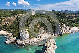 Aerial view of ruins of Apollonia tower in Greece