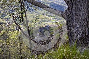 Aerial view of the ruins of the castle of Savignone in the Ligurian hinterland of Genoa, Italy