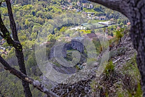 Aerial view of the ruins of the castle of Savignone in the Ligurian hinterland of Genoa, Italy