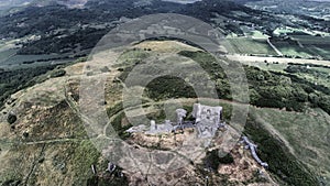 Aerial view, about the ruins of Csobanci var in Hungary. View fr