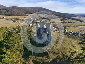 Aerial view of ruins of Dobra Niva castle in Podzamcok