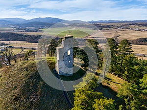 Aerial view of ruins of Dobra Niva castle in Podzamcok