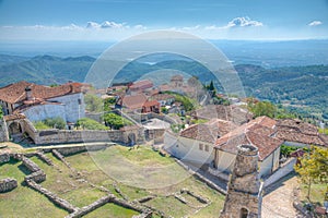 Aerial view of ruins of Fatih Sultan Mehmet mosque at grounds of Kruja castle in Albania