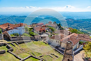 Aerial view of ruins of Fatih Sultan Mehmet mosque at grounds of Kruja castle in Albania