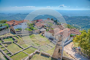 Aerial view of ruins of Fatih Sultan Mehmet mosque at grounds of Kruja castle in Albania