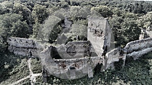 Aerial view, about the ruins of hob castle in Szaszkezd, Transylvania, Romania