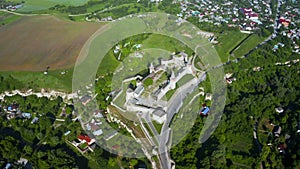 Aerial view of the ruins of a large medieval castle in Europe.