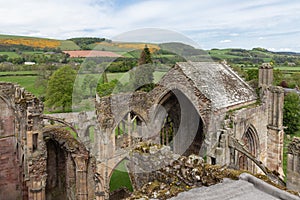 Aerial view from ruins of Melrose abbey to Scottish borders