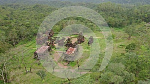 Aerial view of ruins in the My Son Sanctuary, remains of an ancient Cham civilization in Vietnam. Tourist destination in
