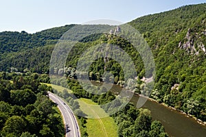 Aerial view of of Old Strecno castle Starhrad above Vah river, Slovakia