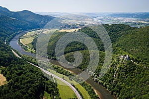 Aerial view of of Old Strecno castle Starhrad above Vah river, Slovakia