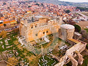 Aerial view of ruins of Pergamon Red Basilica in Turkish city of Bergama