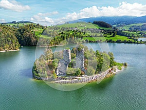 Aerial view of the ruins of the Pont-en-Ogoz fortress on Ogoz Island, Switzerland.