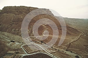 aerial view of the ruins of roman camp at the masada fortress in the arava valley in israel. Historical ruins. Archaeological