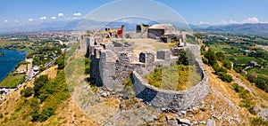 Aerial view of the ruins of the Rozafa Castle located in the city of Shkoder in Albania
