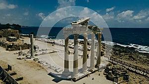 aerial view of Ruins of the Temple of Apollo in Side in a beautiful summer day, Antalya, Turkey