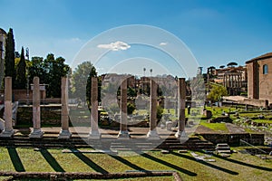 Aerial view of ruins of Temple of Vespasian and Titus in Italy