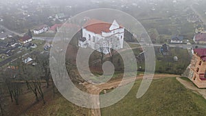 Aerial view of ruins of Tower Shchitovka, Mindovg Castle and Farnese Church in Novogrudok